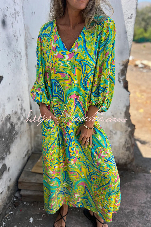 Unique Print V Neck Loose Pocket Holiday Maxi Dress