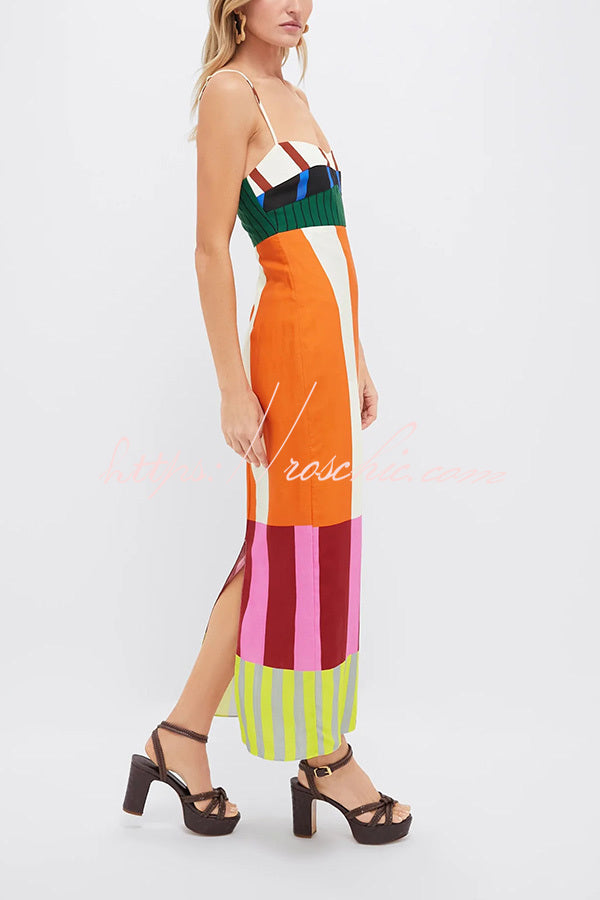 Unique Striped Color Block Printed Suspender Slit Slim Fit Maxi Dress –  roschic
