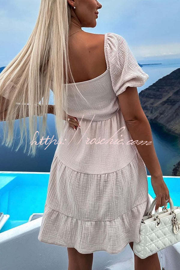 Solid Color Versatile Lace-Up V Neck Balloon Sleeve Mini Dress