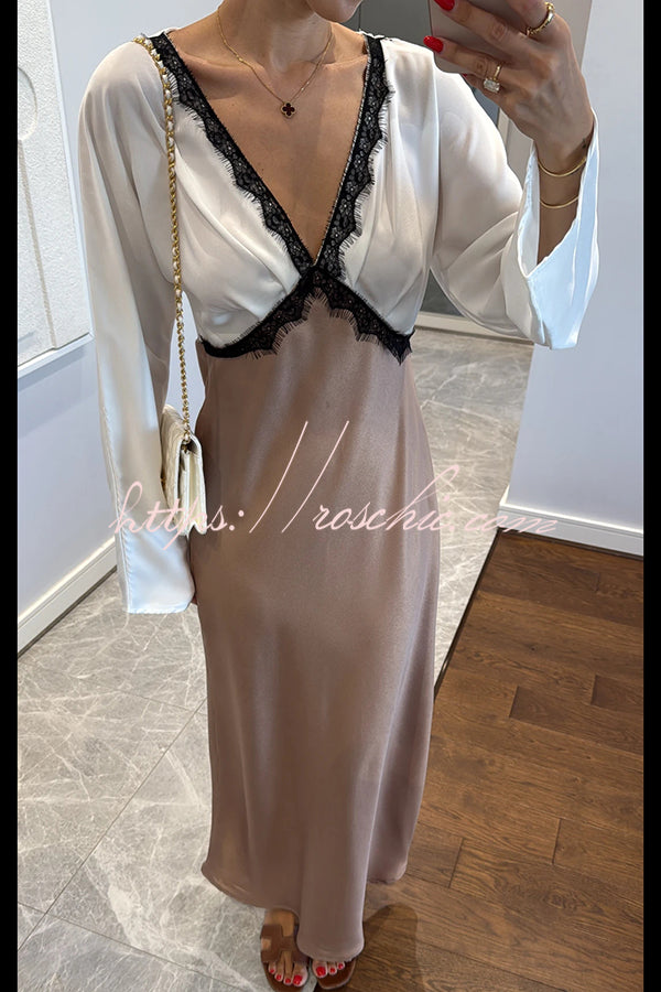 Lainei Contrast Color Satin Lace Trim V-neck Long Sleeve Maxi Dress