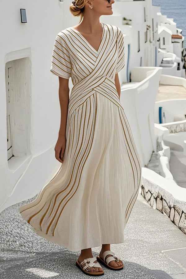 Striped Print V-Neck Short Sleeve Holiday Style Maxi Dress