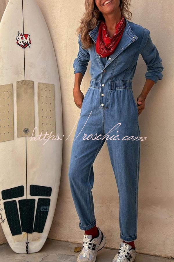 Carey Denim Button Up Long Sleeve Elastic Waist Pocketed Loose Jumpsuit