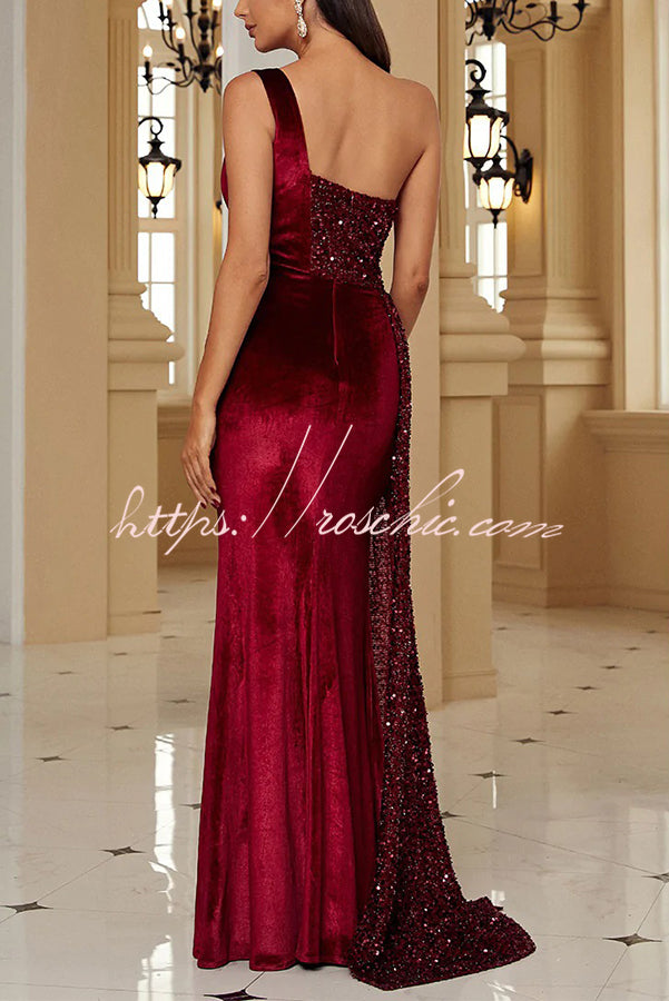 Taylor Sequin Velvet Patchwork One Shoulder Ruched Slit Prom Maxi Dress