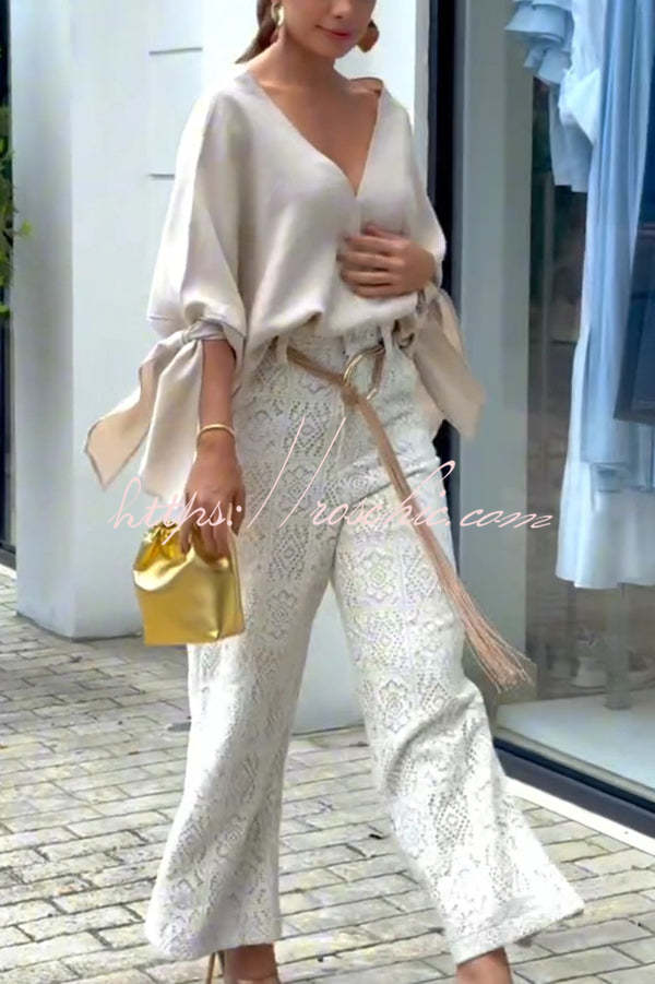 Joyful Bond Linen Blend V-neck Knotted Cuff Half Sleeve Loose Top