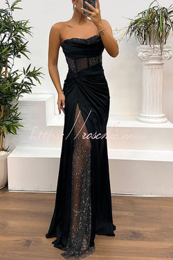 Audrey Satin Paneled Mesh Sequin Fabric Off Shoulder Ruched Drape Maxi Dress