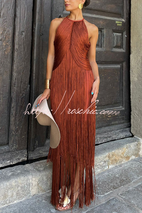 Fashion Sleeveless Halter Neck Elegant Tassel Slim Maxi Dress