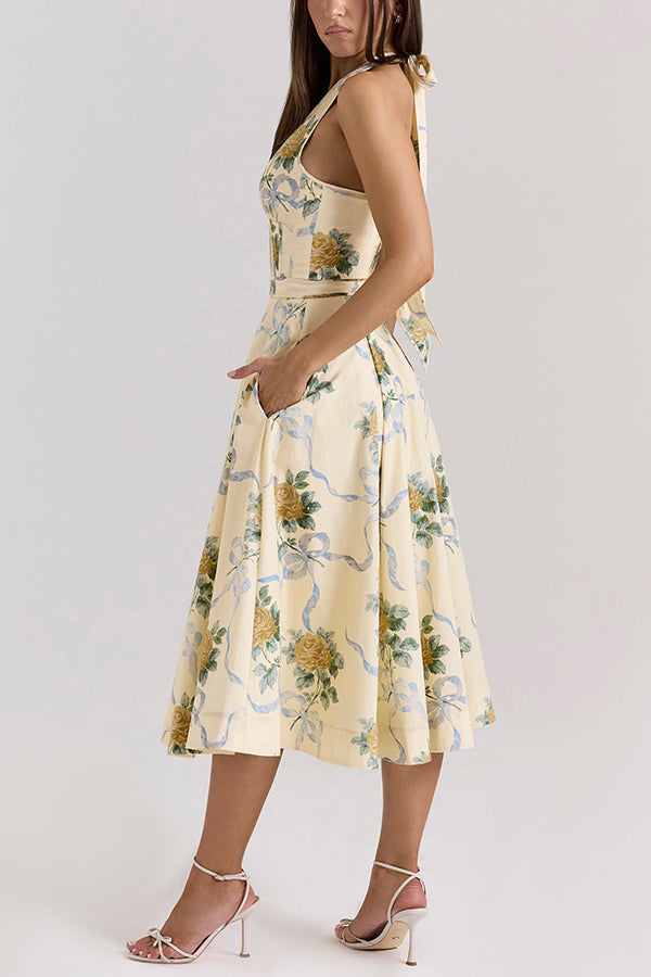 Resort Star Floral Print Waist Halterneck Tie Pocket Midi Dress
