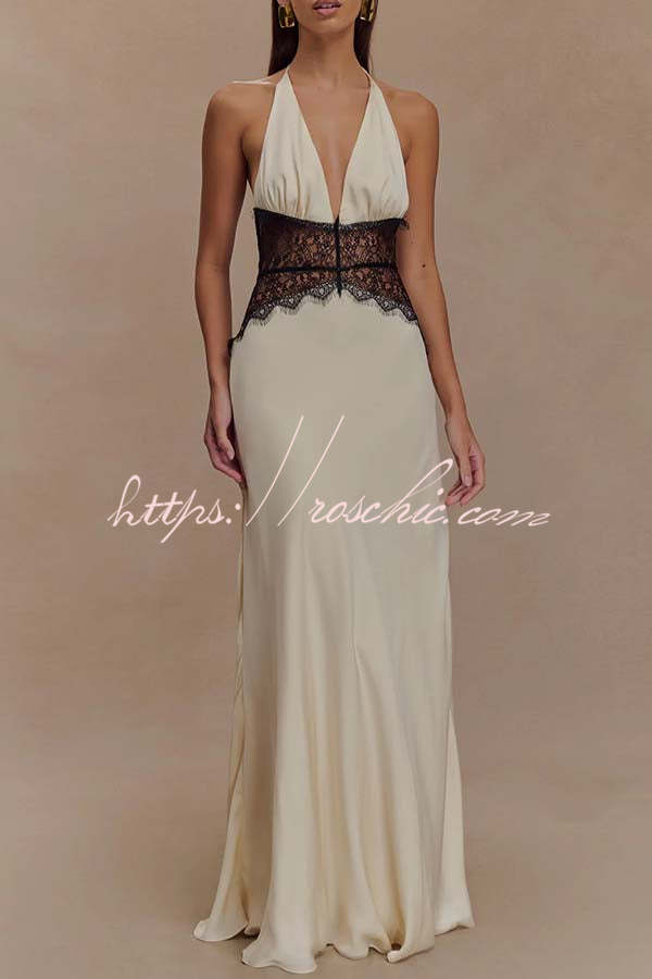 Seductive Details Satin Lace Waist Halter Tie-up Backless Maxi Dress