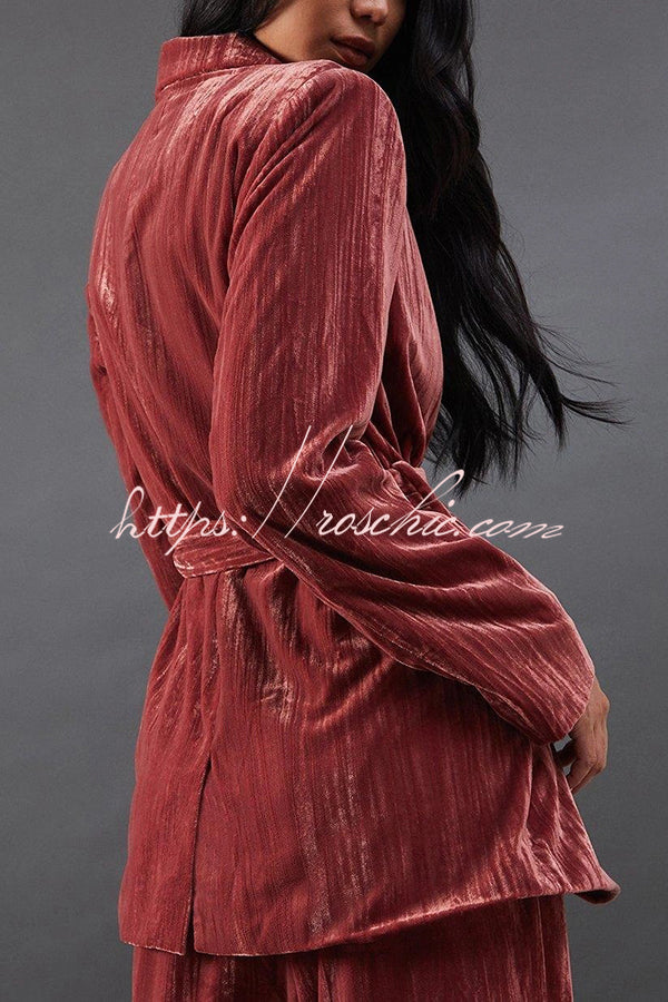Solid Color Velvet Long-sleeved Waist Tie Top and Elastic Waist Casual Pocket Straight-leg Pants Set