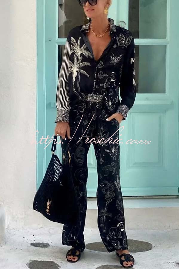 Black Magic Satin Unique Print Long Sleeve Blouse and Elastic Waist Pocket Wide Leg Pants Set