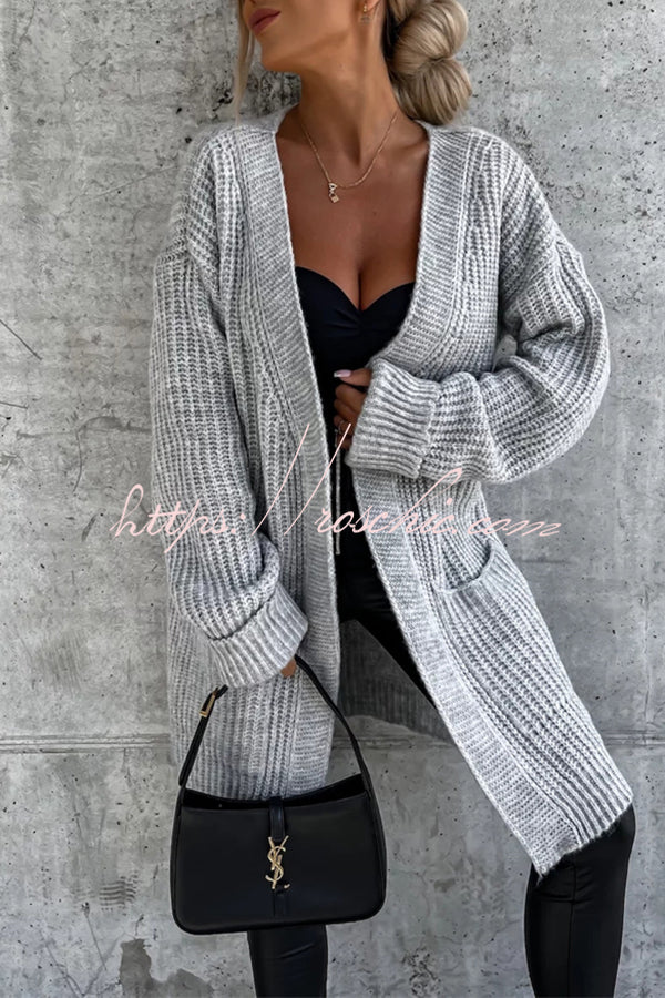 Solid Color Striped Pocket Long Sleeve Cardigan