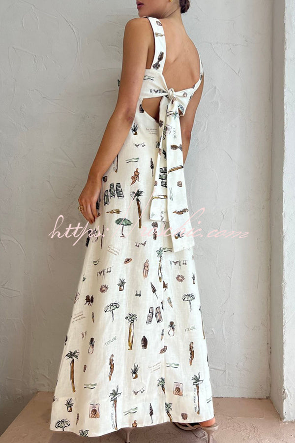 Unique Printed Pocket Strap Backless Lace Up Maxi Dress