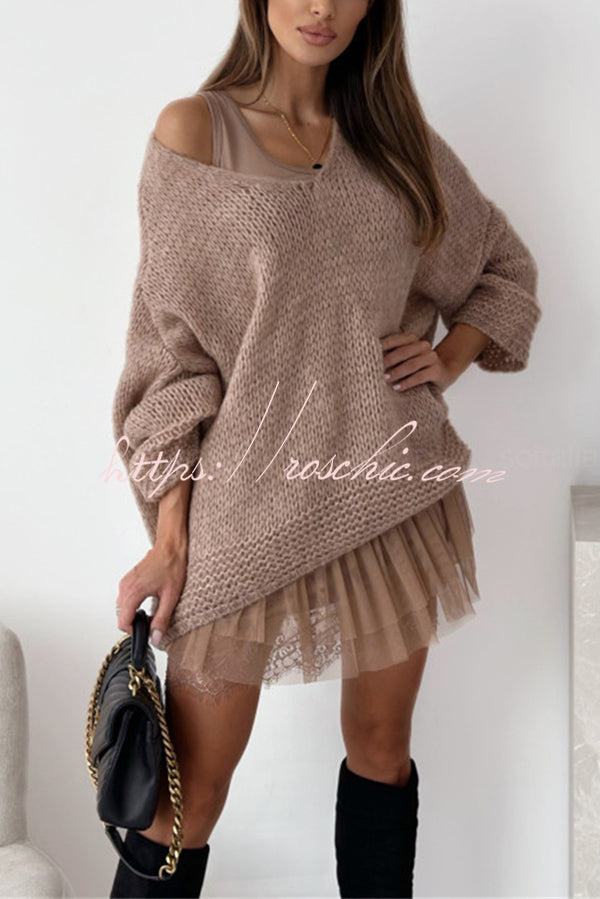 Solid Color Loose V-neck Casual Knitted Sweater