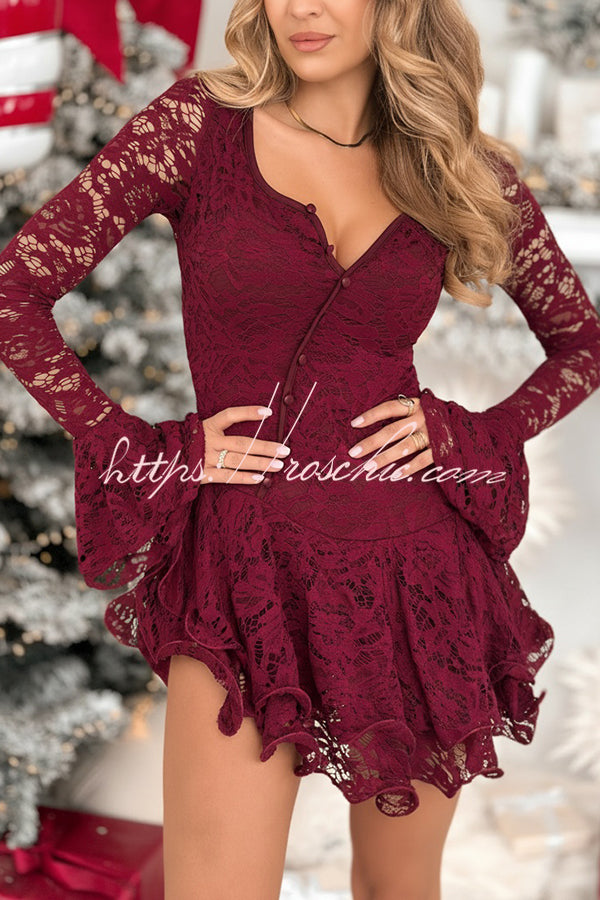 Spake To Me Lace Ruffles Button Up Long Bell Sleeve Asymmetrical Hem Stretch Romper