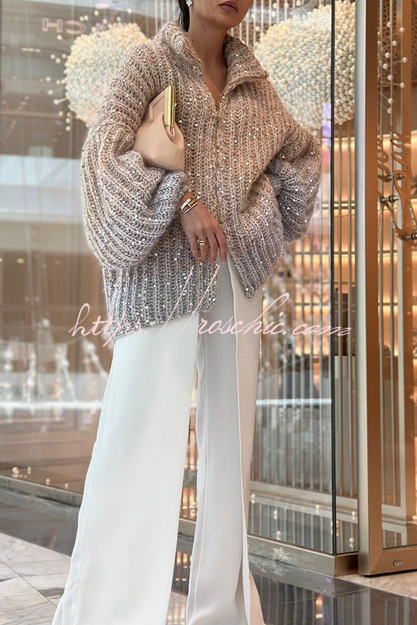 Warm Shining Heart Knit Sequin Balloon Sleeve Zipper Neck Loose Cardigan