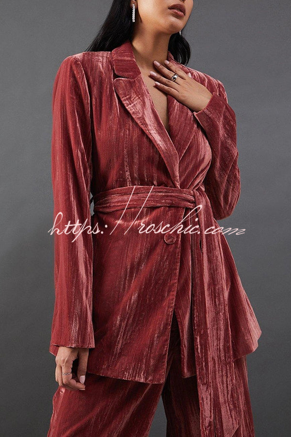 Solid Color Velvet Long-sleeved Waist Tie Top and Elastic Waist Casual Pocket Straight-leg Pants Set