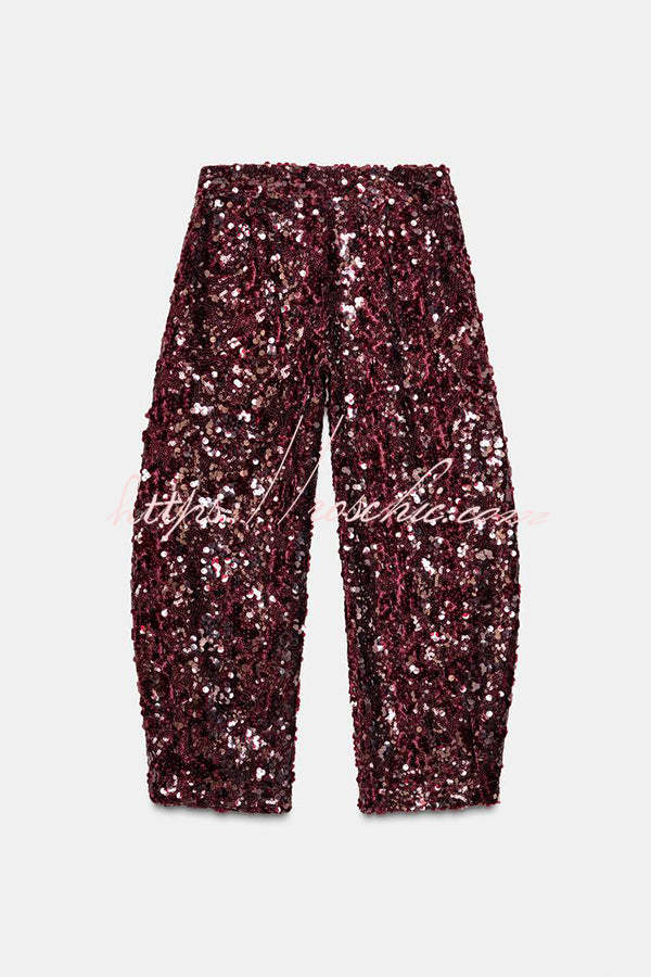 Gala Goddess Sequin High Rise Zipper Waist Wide Leg Pants