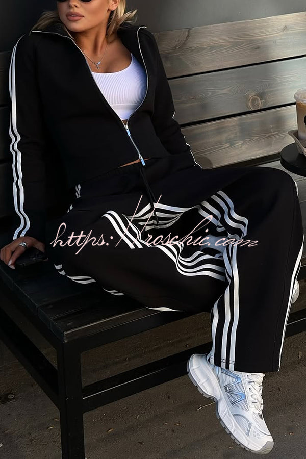 Fashionable Sports Style Striped Long-sleeved Jacket and Elastic Waist Casual Pants Set
