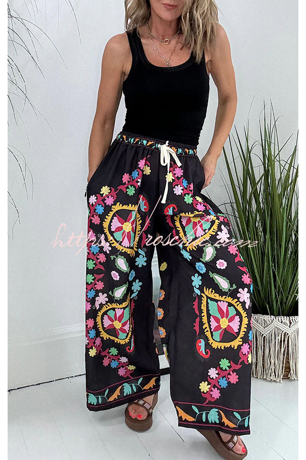 Hippie Style Unique Floral Denim Print Elastic Waist Pocketed Wide Leg Pants