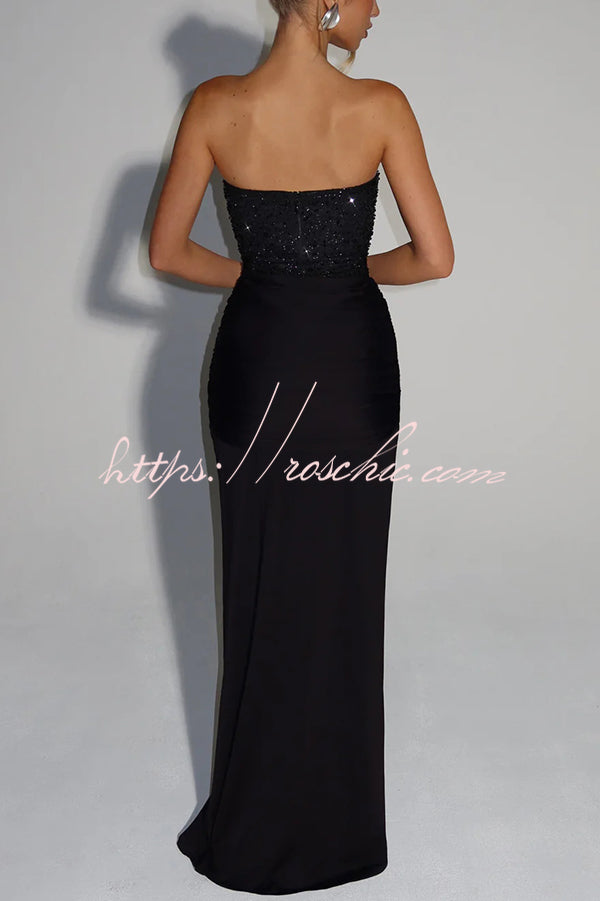 carina maxi dress Carina Sequined and Satin Jersey Off Shoulder Ruched Knot Drape Maxi Dress, Black / S