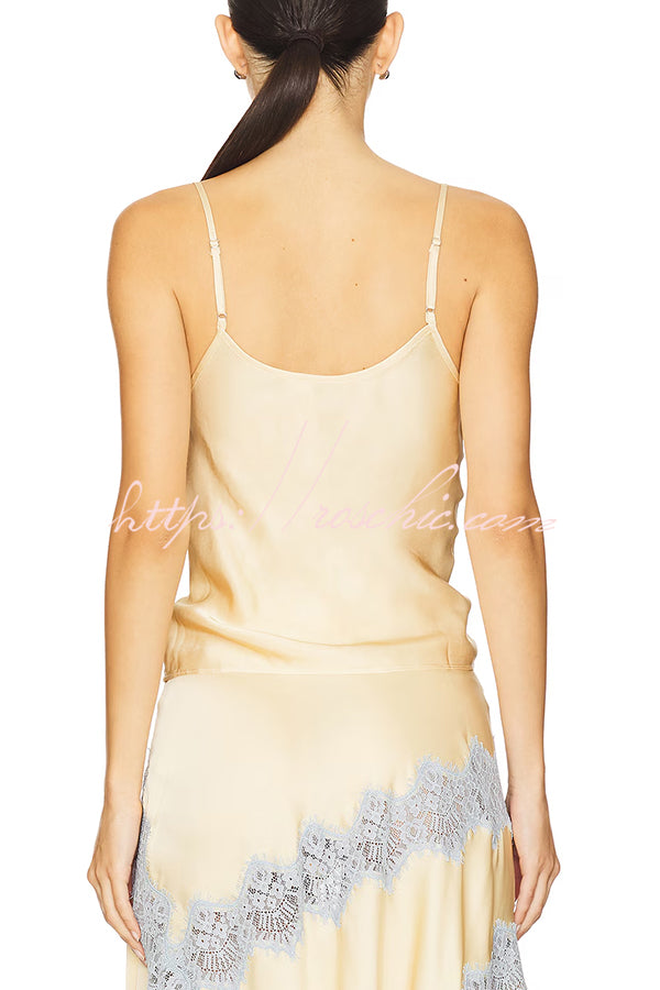 Wine Tasting Contrast Color Satin Lace Trim V-Neck Slip Tank (Shipped Within 24 Hours)