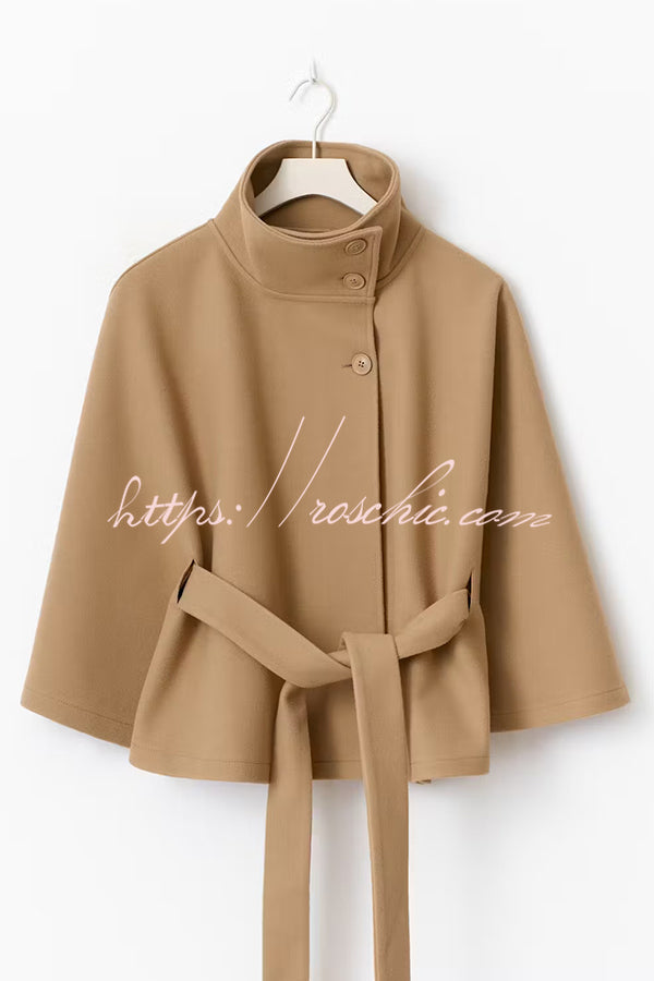 Fashionable Stand Collar Button Waist Tie Loose Cape