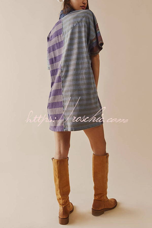 Contrast Striped Patchwork Denim Lapel Loose Casual Mini Dress