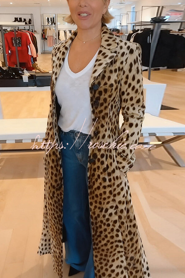Leopard Print Long Sleeve Pocket Casual Maxi Trench Coat