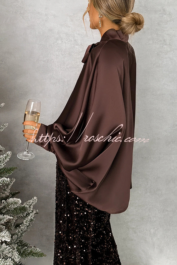 Chic and Merry Satin Bow Neck Batwing Sleeve Loose-fitting Blouse