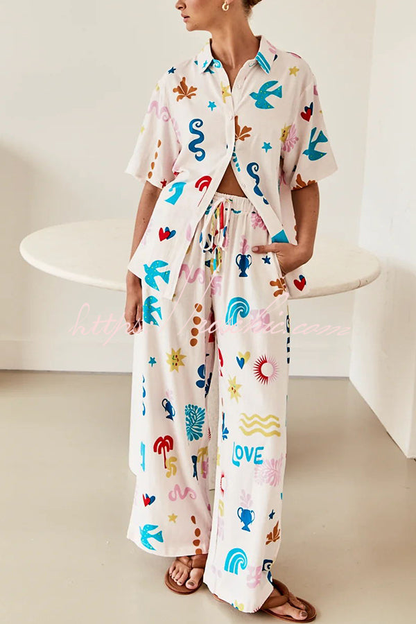 Summer Beach Element Printed Button Lace Up Pocket Pants Suit