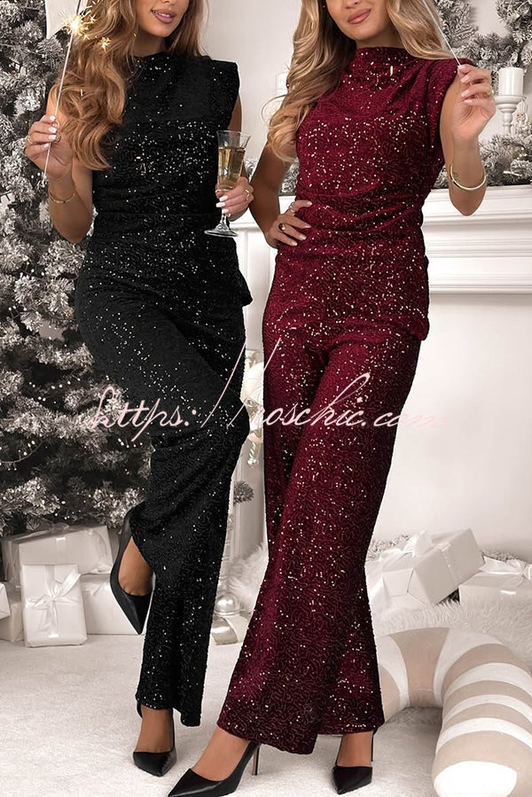 Stylish Sparkly Velvet Sequin Sleeveless Pleated Top and Casual Wide-leg Pants Set