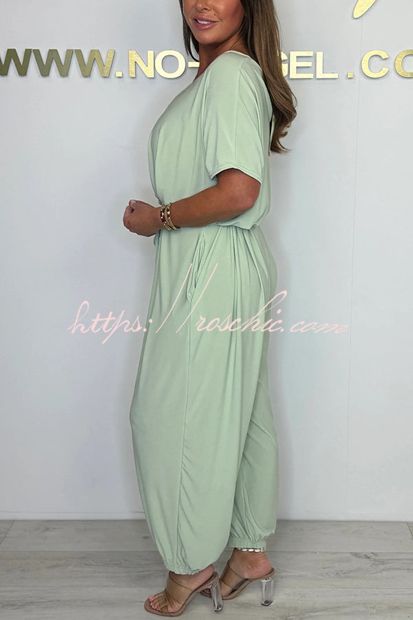 Solid Color V-neck Short-sleeved Waist-tied Loose Casual Jumpsuit