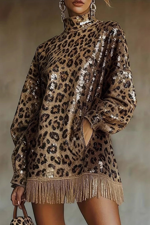 loose leopard print dress Stylish Leopard Print Sequined Turtleneck Long-sleeved Tassel Hem Loo –  roschic