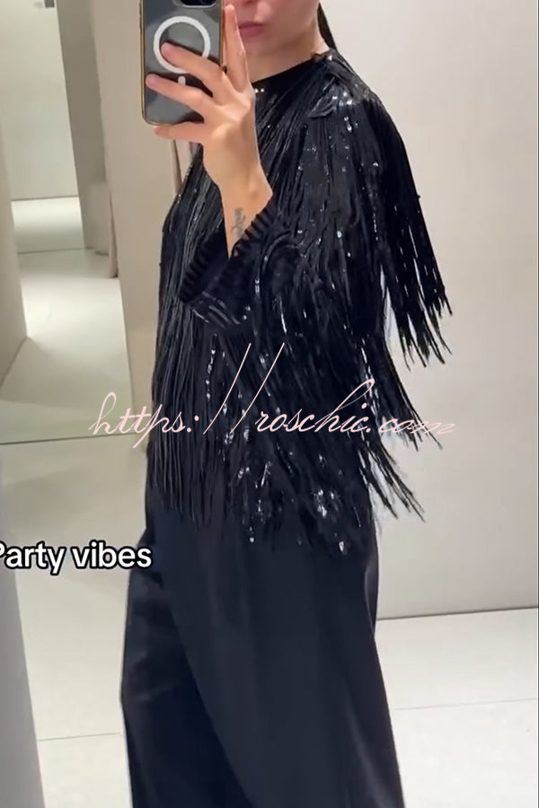 Party Crasher Layered Sequined Tassels Long Sleeve Loose Jacket