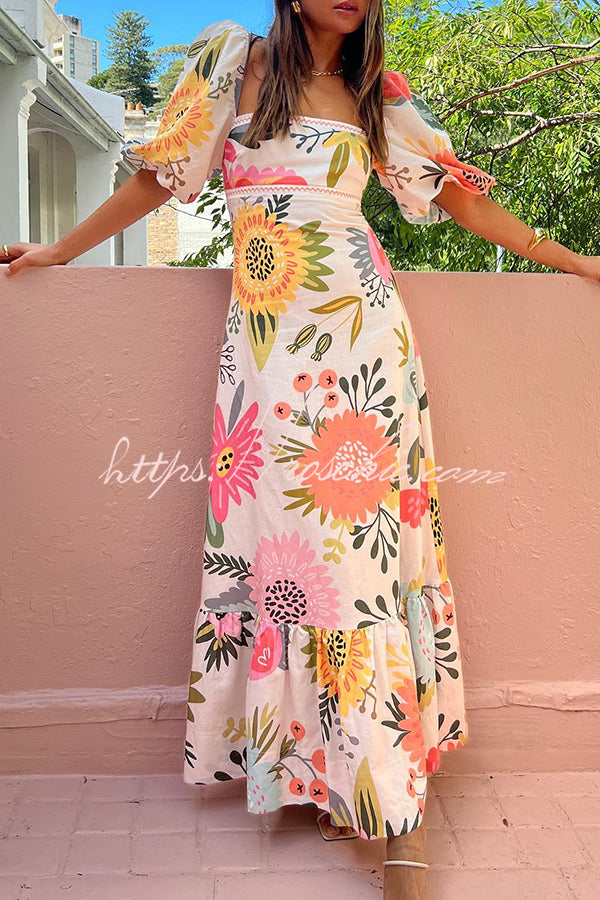 Looking for Sunshine Floral Print Square Neck Bubble Sleeve Maxi Dress