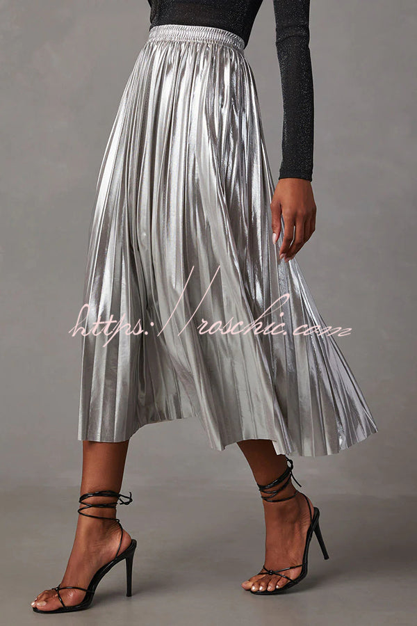 Yuletide Glow  Metallic Fabric Pleated Elastic Waist Midi Skirt