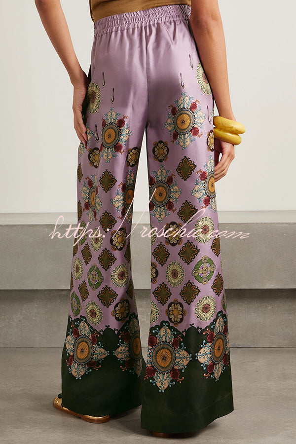 Satin Unique Print Loose Batwing Sleeve Top and Elastic Waist Pocket Casual Wide-leg Pants Set