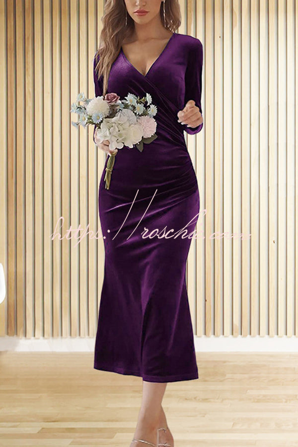 Solid Color Velvet Long Sleeve V-neck Slim Fit Fishtail Maxi Dress