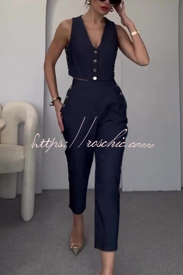 Stylish Button-up Vest and Pocket Straight-leg Pants Set