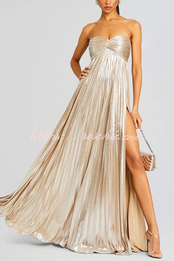 Metallic Sexy Tube Top Pleated High Slit Maxi Dress