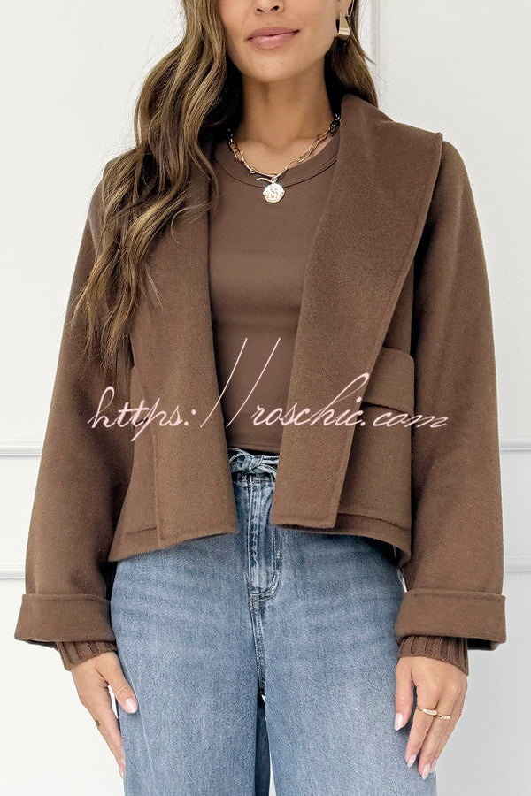 Comfortable Season Shawl Collar Open-front Long Sleeve Flap Pockets Crop Coat