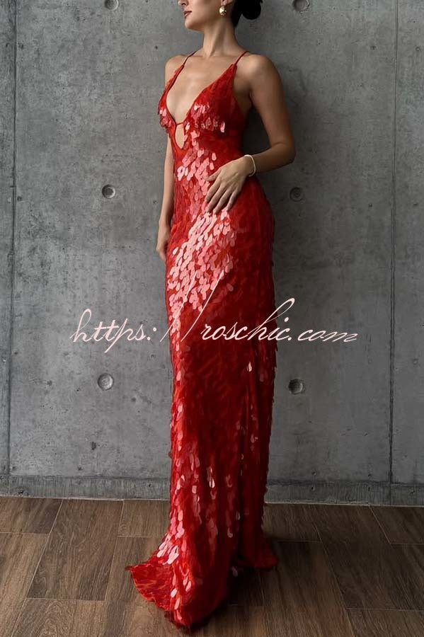 Reshape Beauty Fish Scale Sequin Cutout U-neck Slip Maxi Dress
