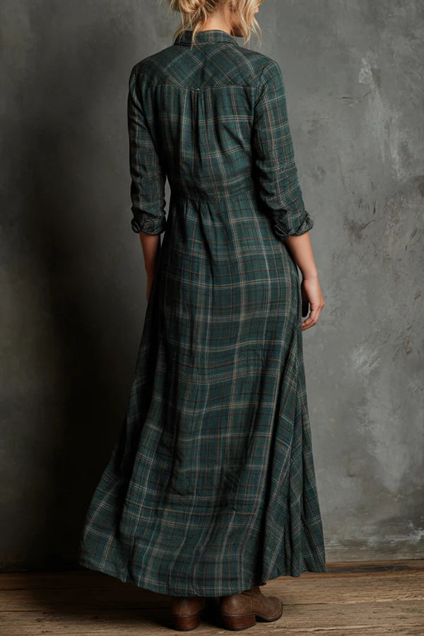 Plaid Print Lapel Long Sleeve Casual Pocket Single-Breasted Maxi Dress