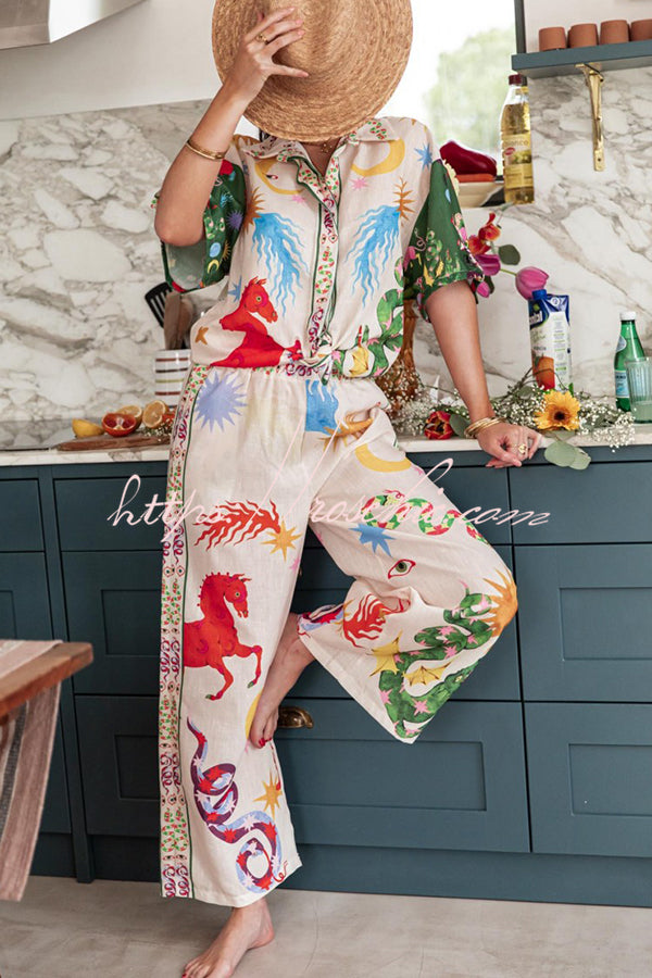 Bohemian Beauty Unique Print Short Sleeve Loose Shirt and Elastic Waist Pants Set