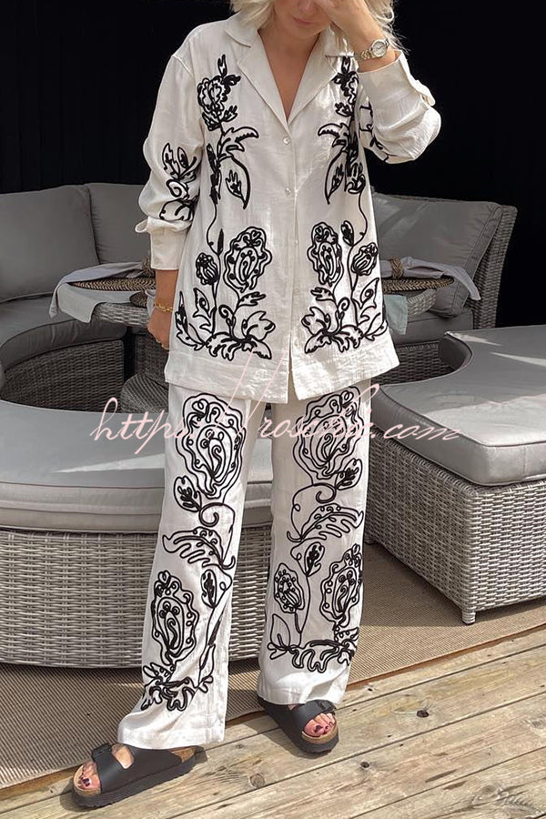 Bella Linen Blend Embroidered Floral Print Long Sleeve Loose Shirt and Elastic Waist Pocket Pants Set