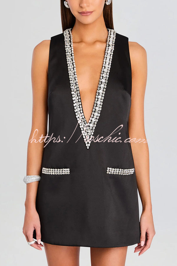 Elegant Demeanor Satin Gemstone Trim Deep V-Neck Tank H-line Mini Dress