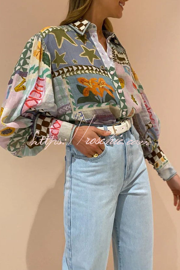 Fun and Nostalgic Unique Print Balloon Sleeve Button Loose Shirt