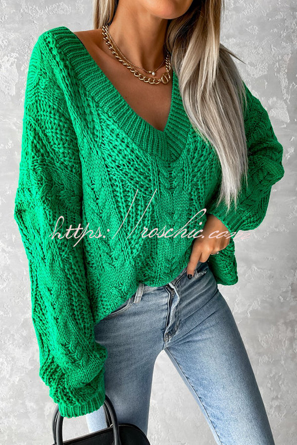 Olivier Hollow Twisted Cord V Neck Long Sleeved Sweater