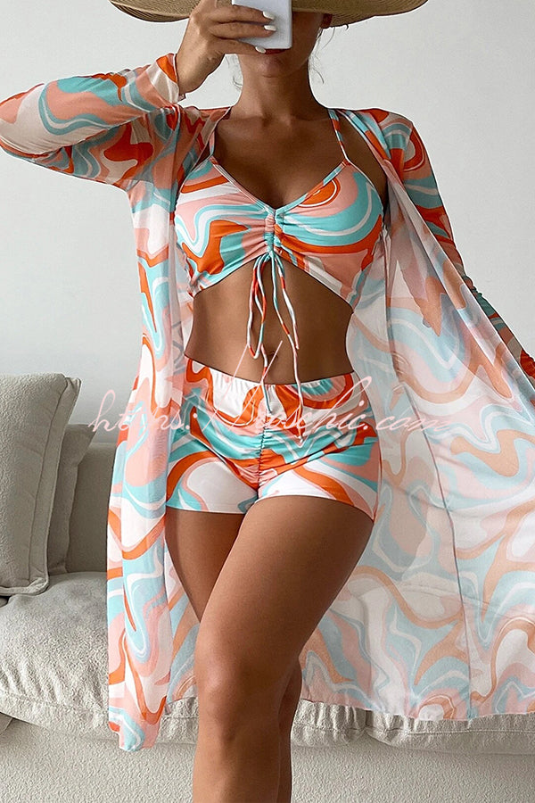 Unique Printed Paneled Lace Up Pleated Three Pieces Swimsuit Set