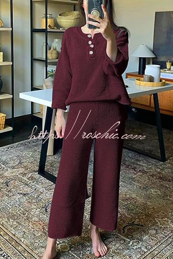 Heather Hailey Solid Color Casual Button V Neck Top and Pant Two Piece Set